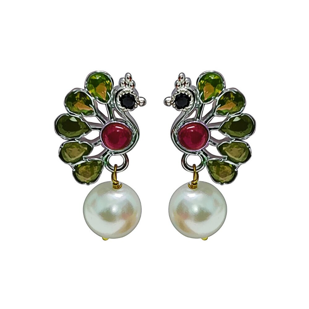 Sterling Silver Peacock Shape Indian Embedded Tourmaline Pearl Handmade Earrings